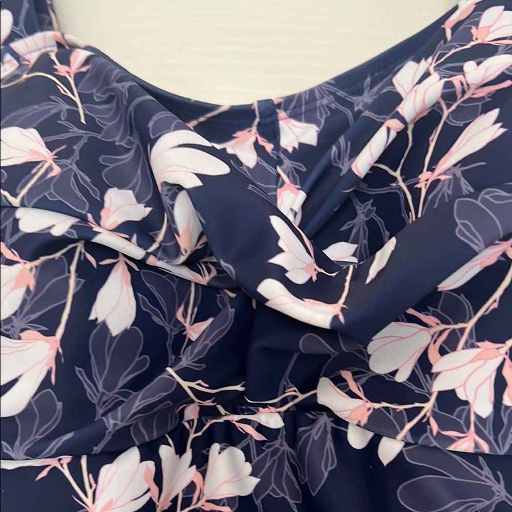 Blue and White Floral One-Piece Swimsuit with Ruffles - Picture 5 of 17